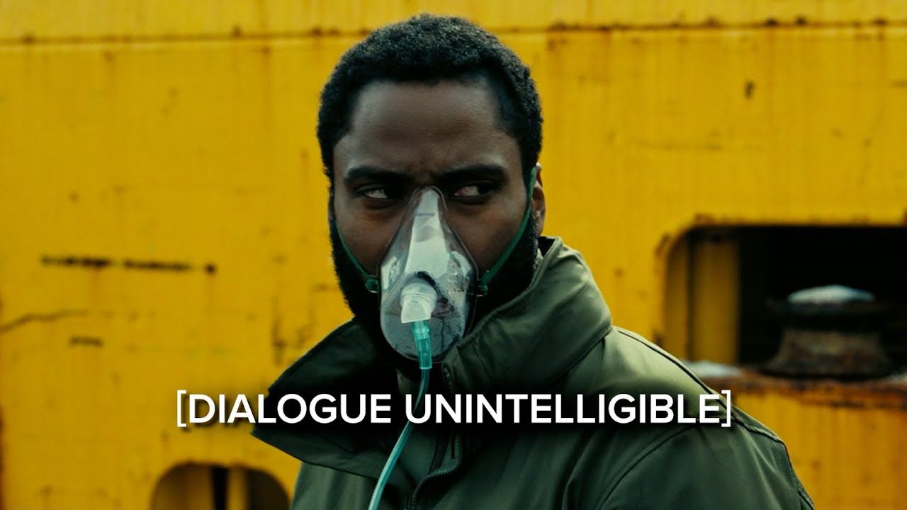 A screen capture from Tenet with [dialogue unintelligible] caption